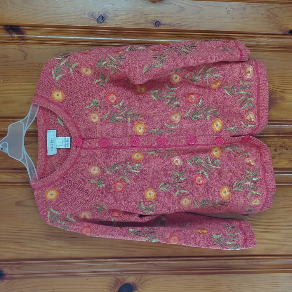 Susan Bristol Floral Embroidered Pink Button Down Cardigan Sweater